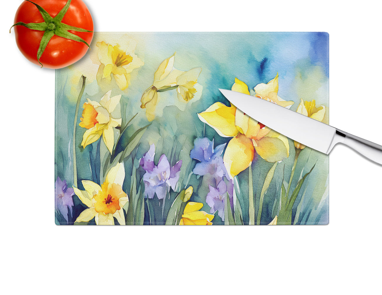 Daffodils in Watercolor Glass Cutting Board