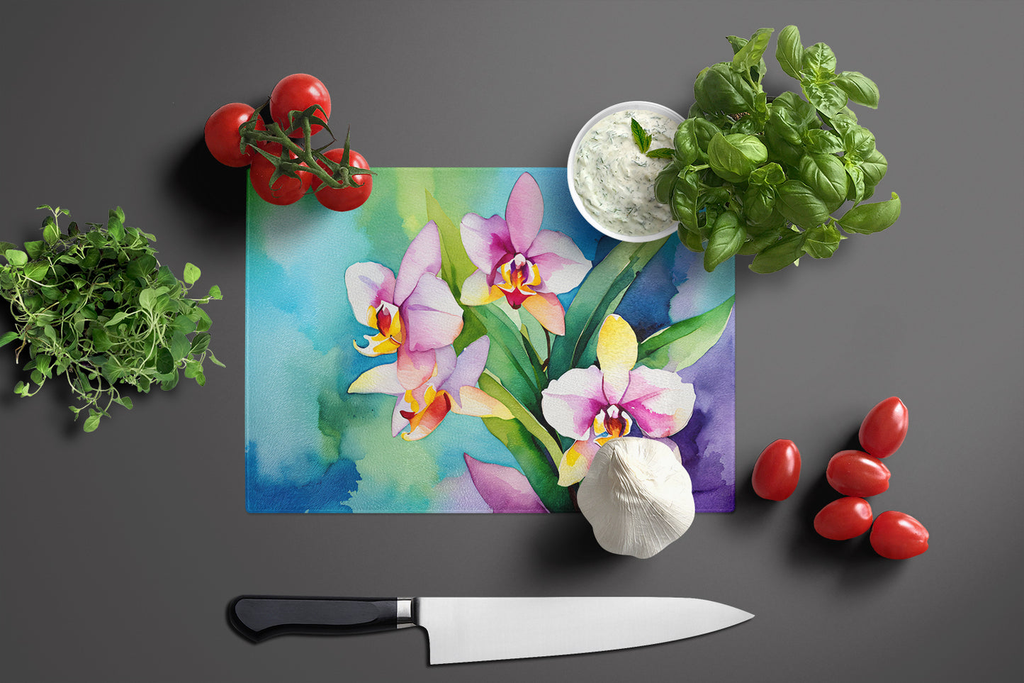 Orchids in Watercolor Glass Cutting Board