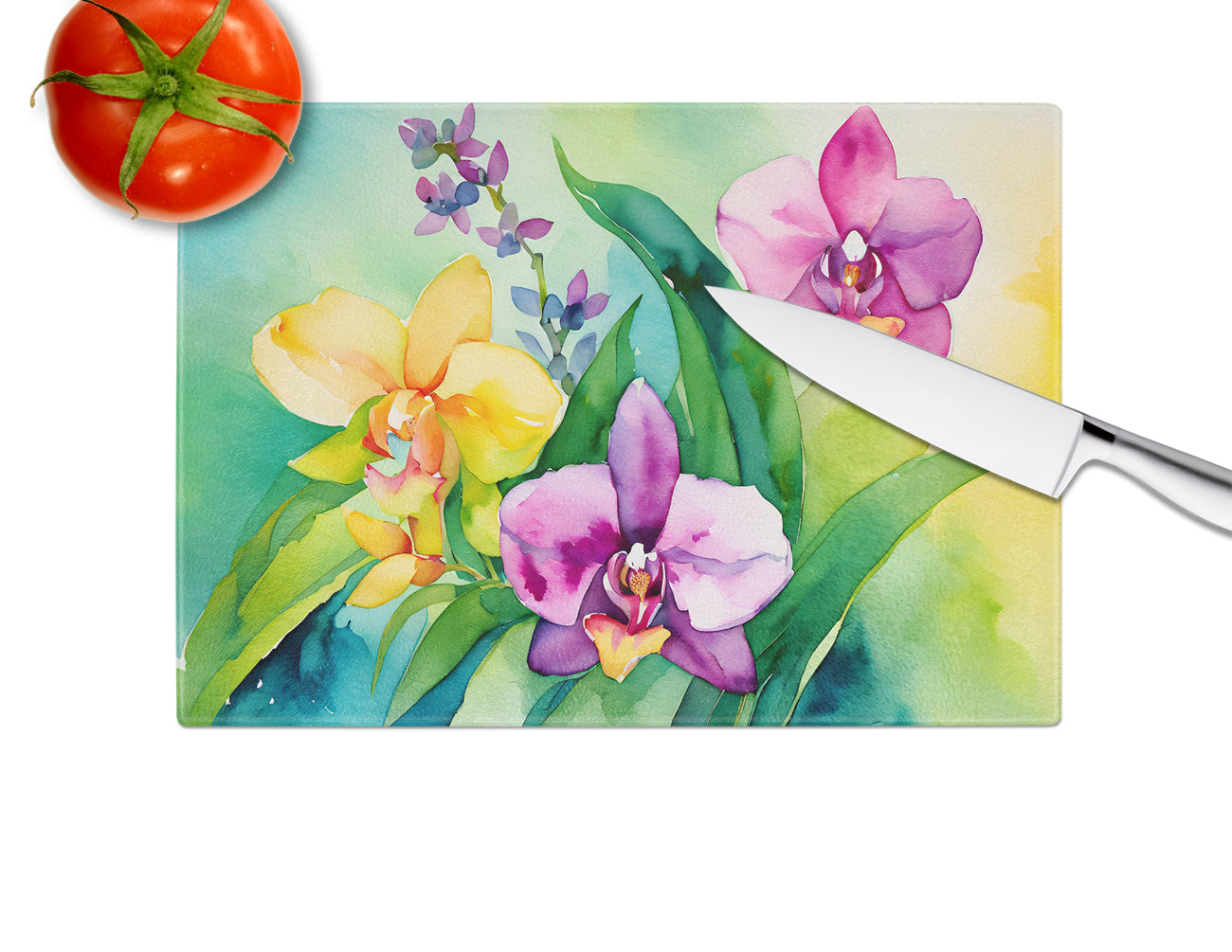 Orchids in Watercolor Glass Cutting Board