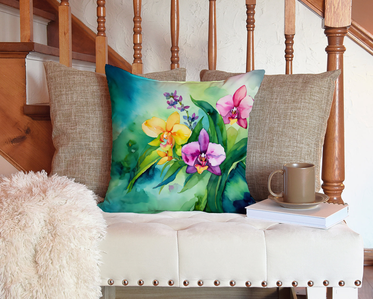 Orchids in Watercolor Throw Pillow