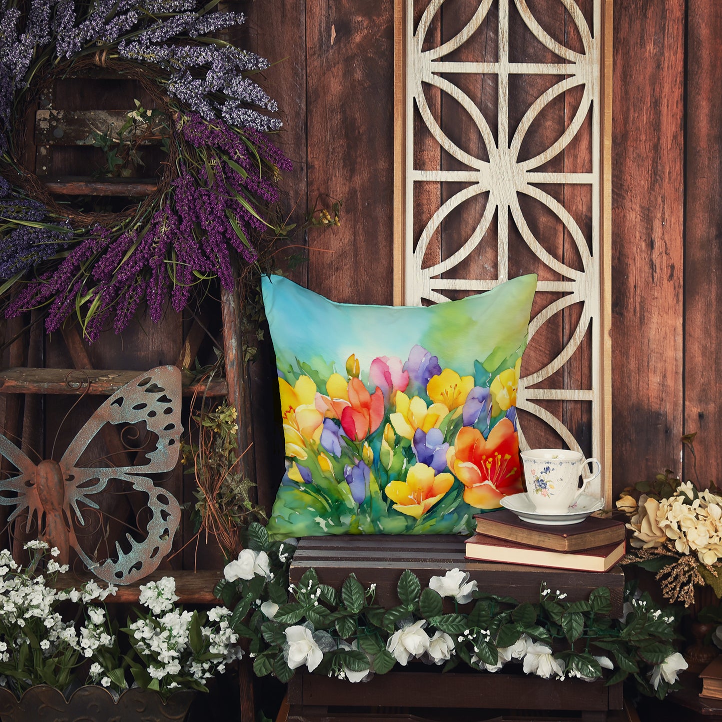 Freesias in Watercolor Throw Pillow