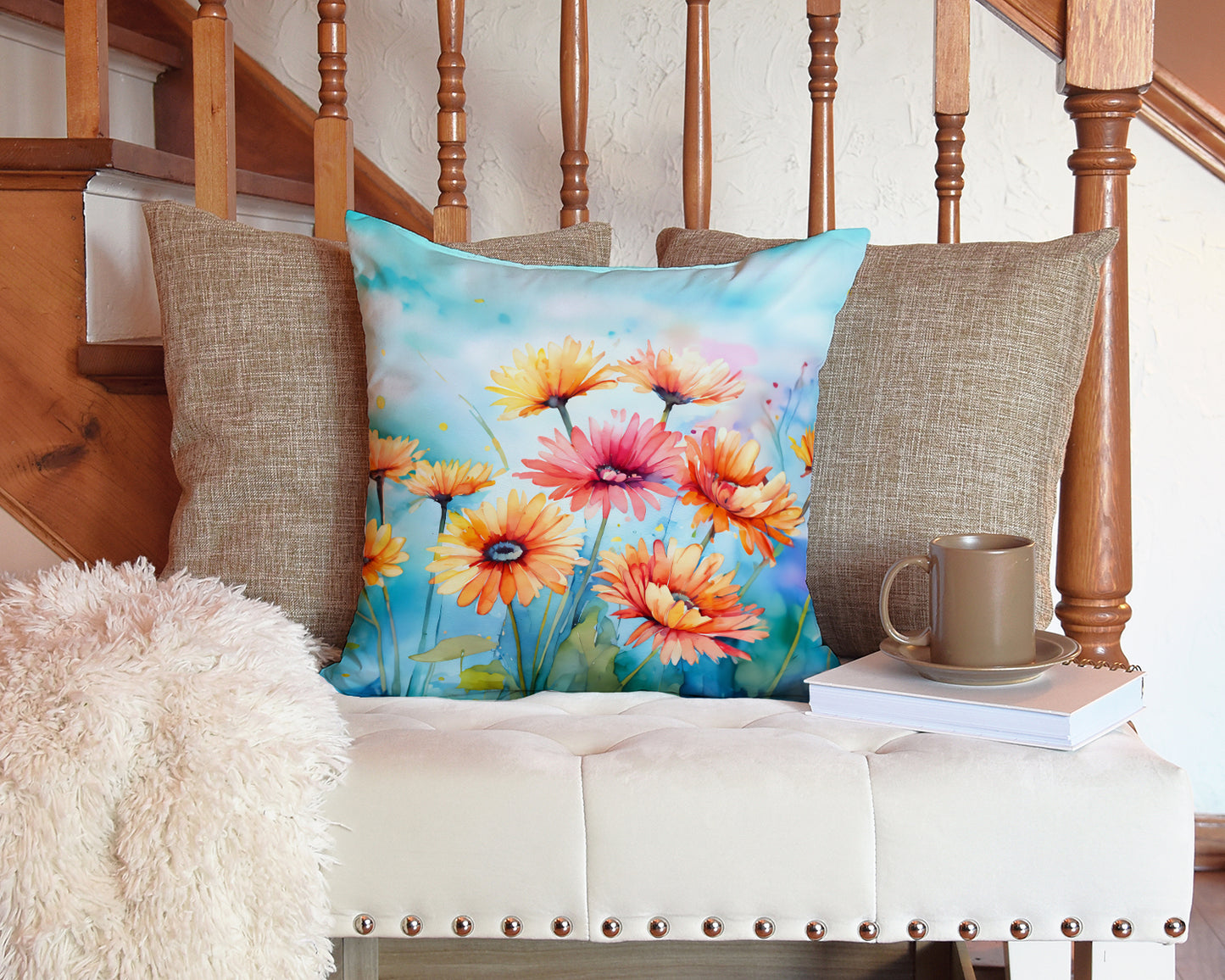 Gerbera Daisies in Watercolor Throw Pillow