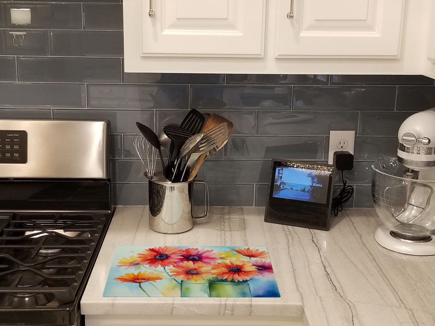 Gerbera Daisies in Watercolor Glass Cutting Board