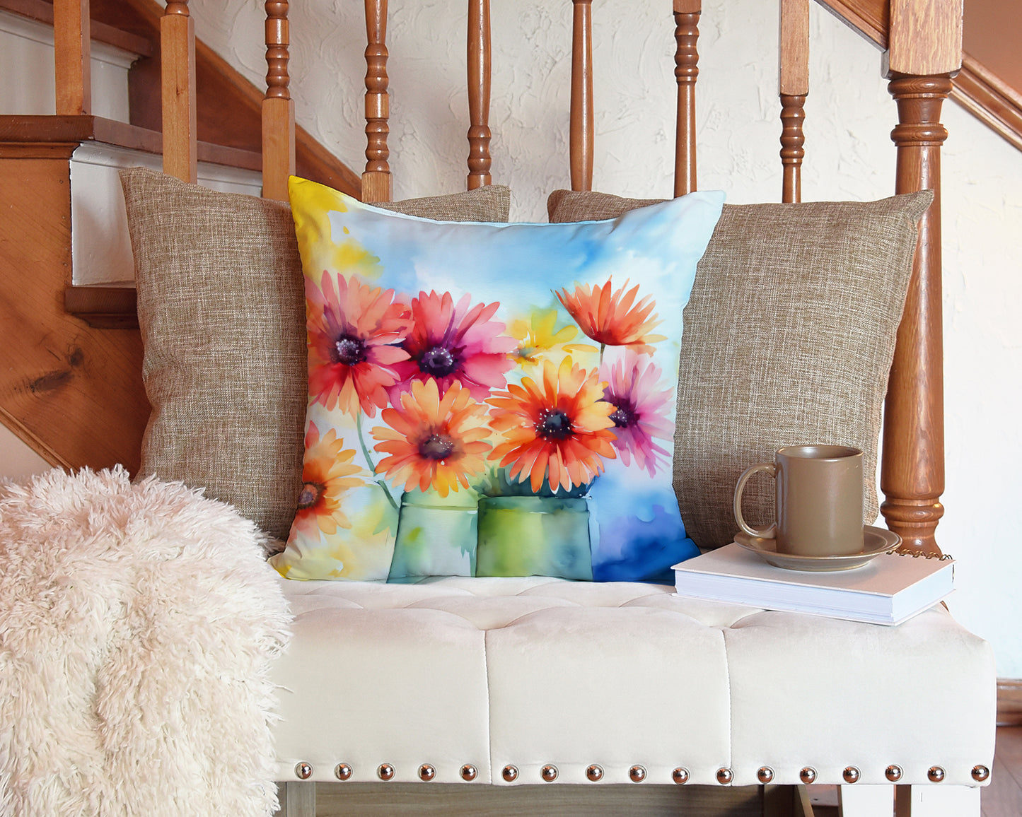 Gerbera Daisies in Watercolor Throw Pillow