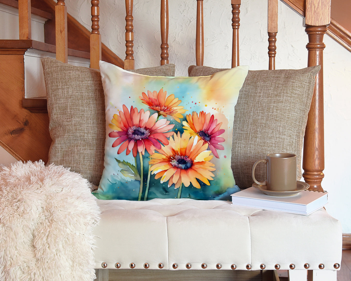 Gerbera Daisies in Watercolor Throw Pillow