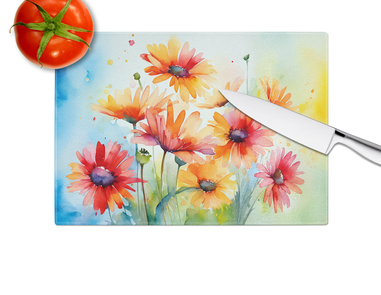 Gerbera Daisies in Watercolor Glass Cutting Board