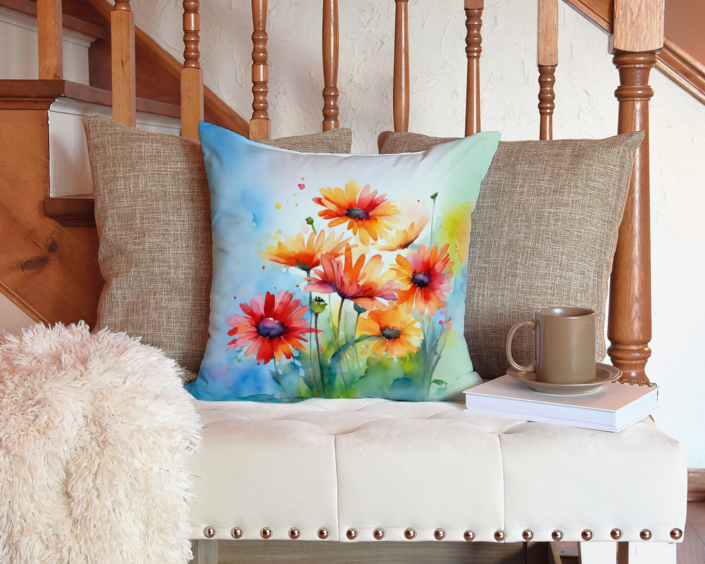 Gerbera Daisies in Watercolor Throw Pillow