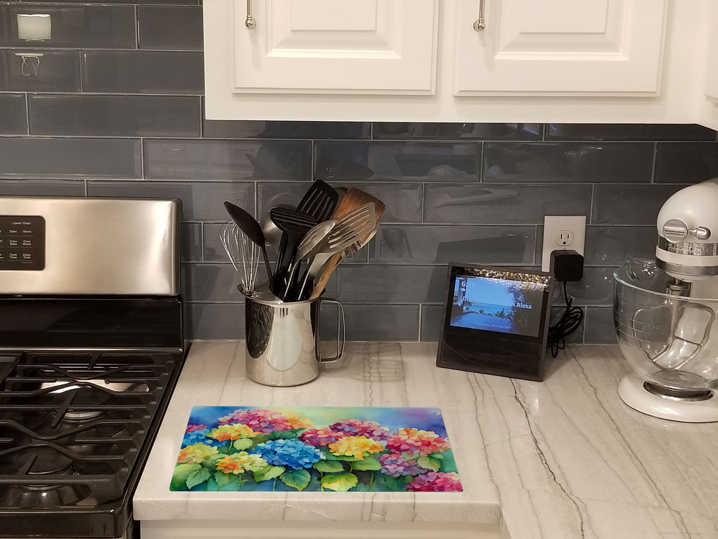 Hydrangeas in Watercolor Glass Cutting Board