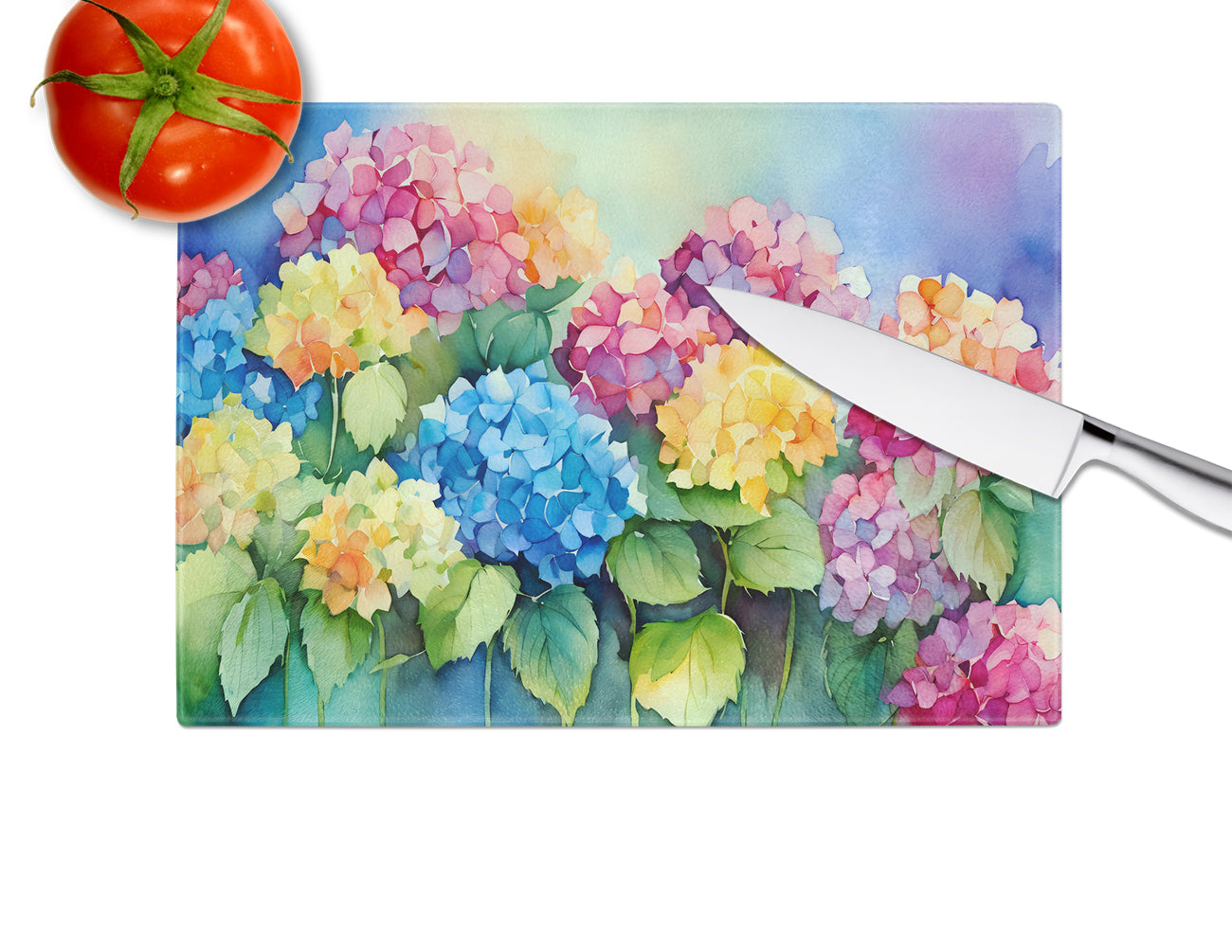 Hydrangeas in Watercolor Glass Cutting Board