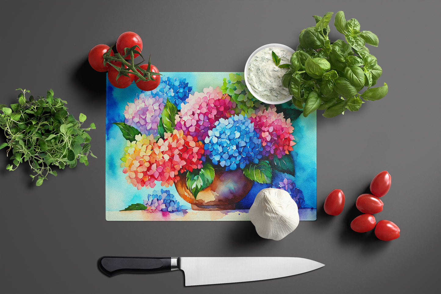 Hydrangeas in Watercolor Glass Cutting Board