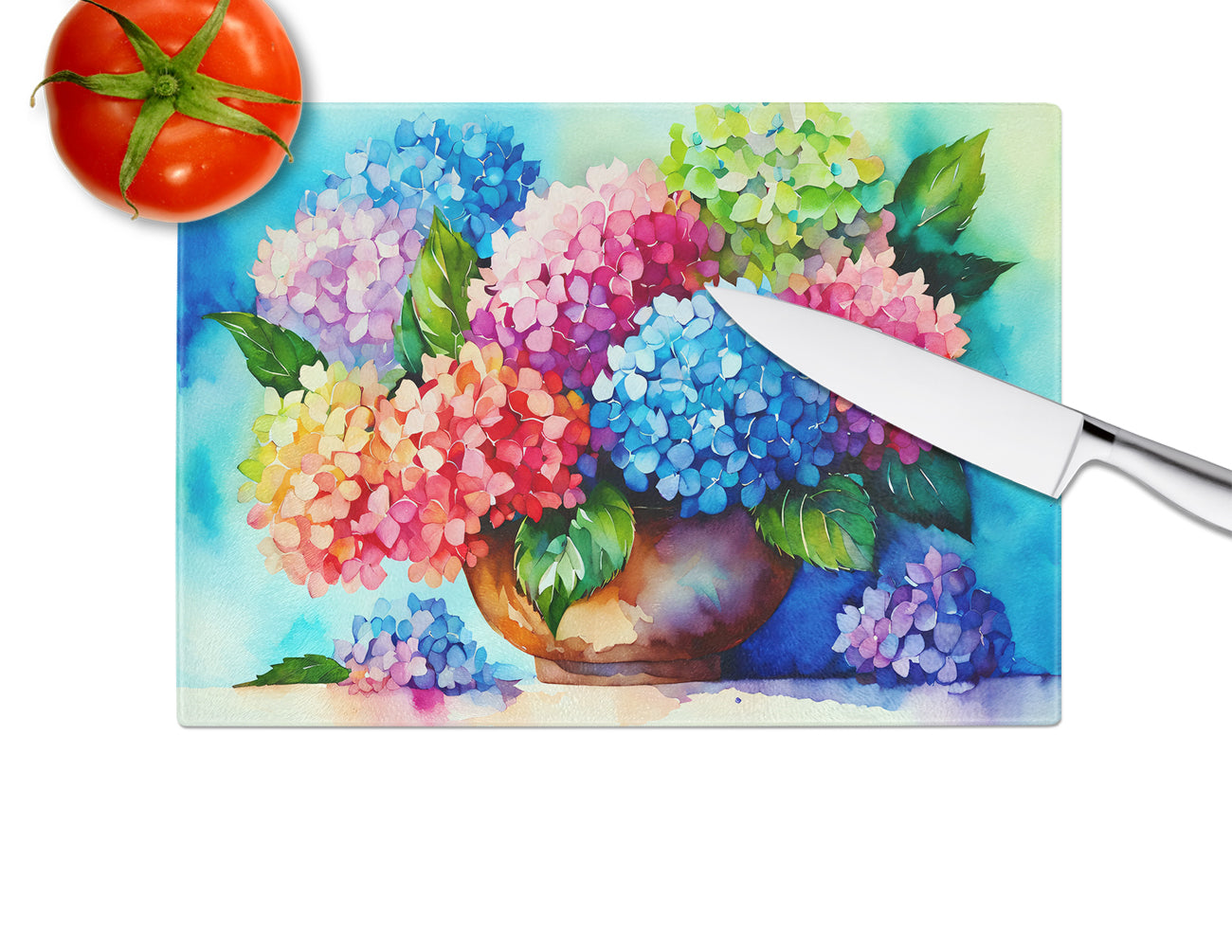 Hydrangeas in Watercolor Glass Cutting Board