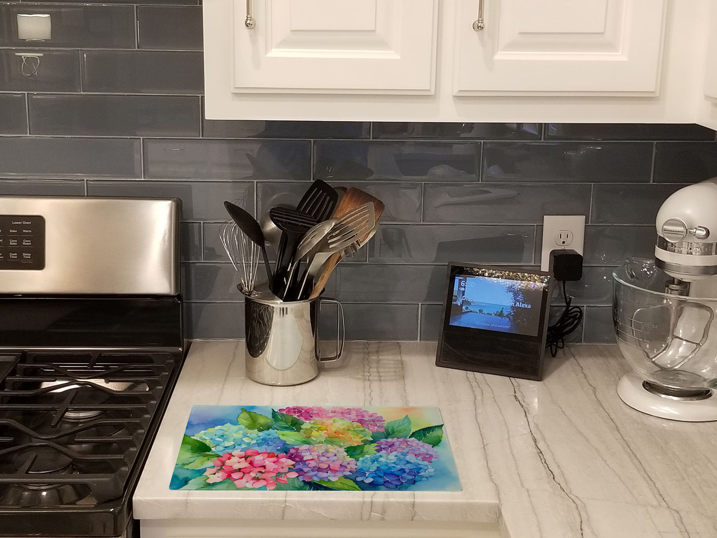 Hydrangeas in Watercolor Glass Cutting Board