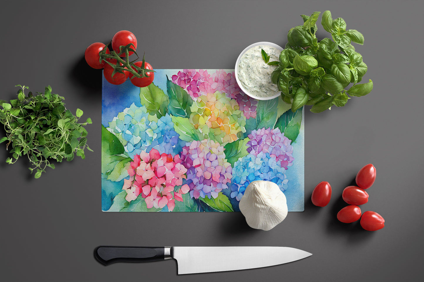 Hydrangeas in Watercolor Glass Cutting Board