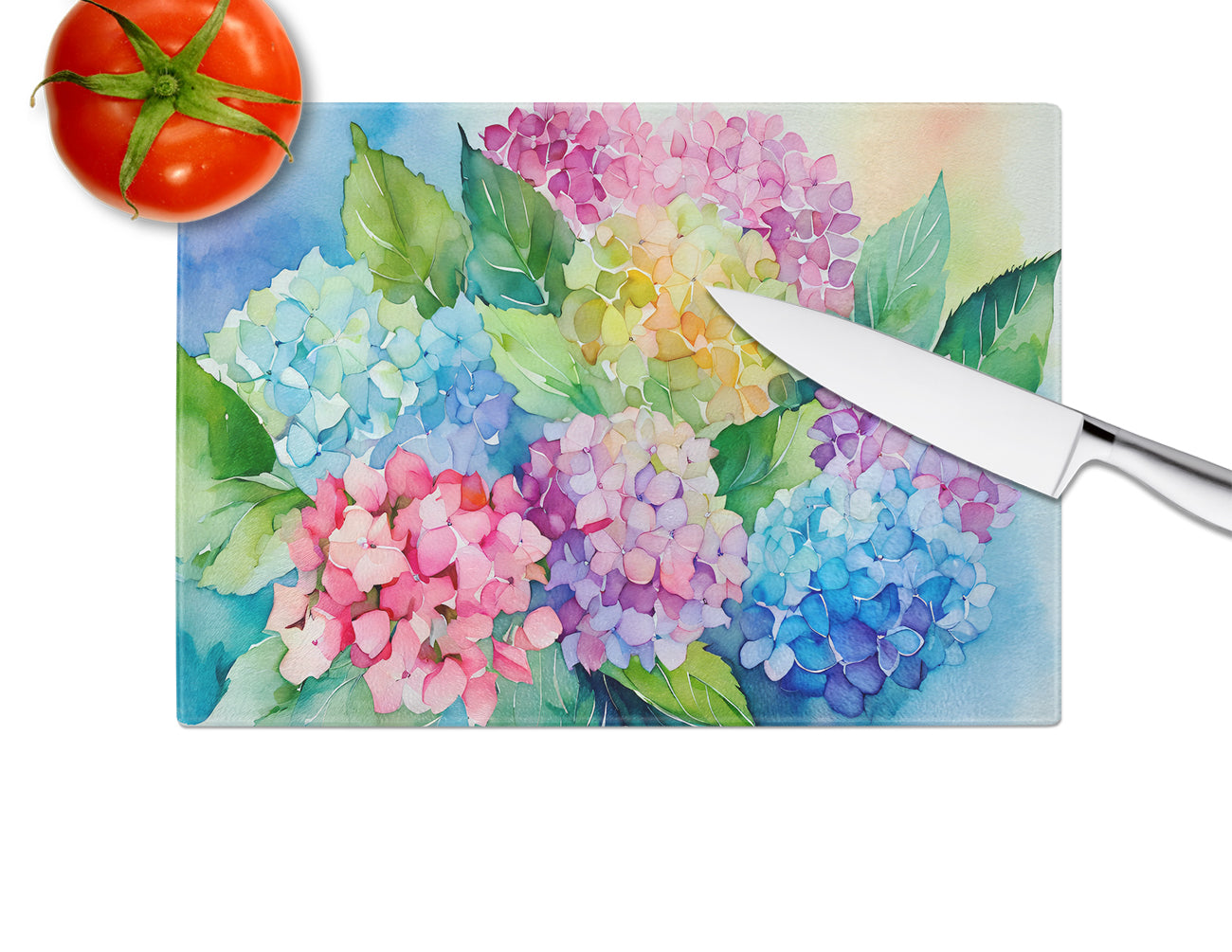 Hydrangeas in Watercolor Glass Cutting Board