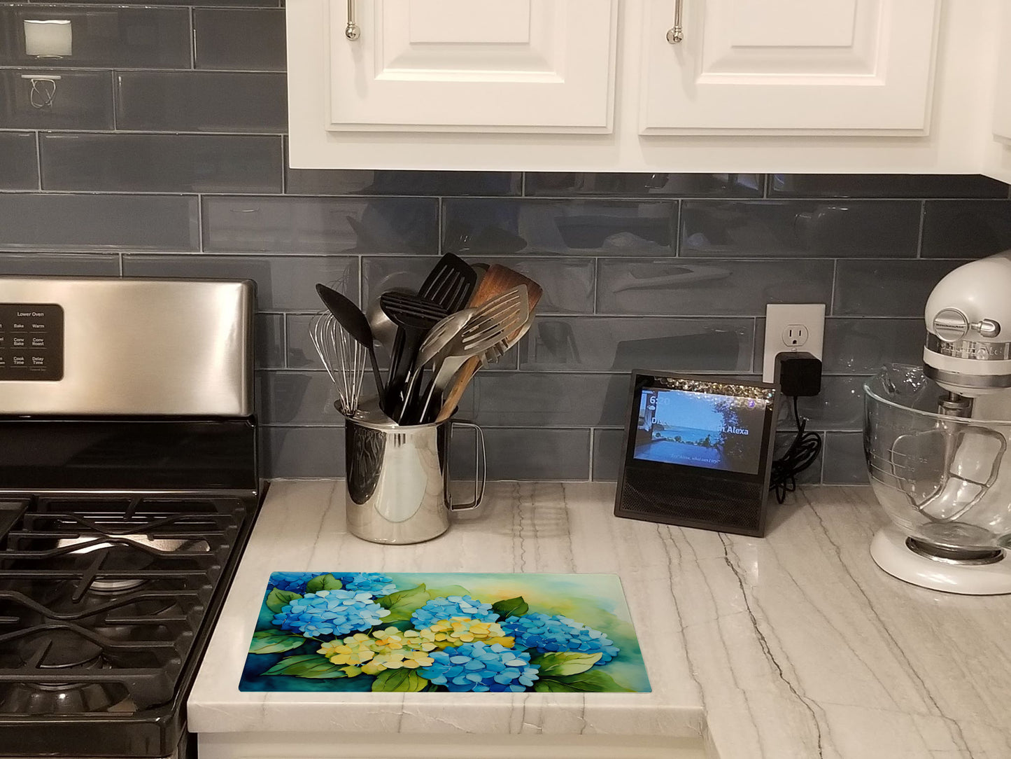 Hydrangeas in Watercolor Glass Cutting Board