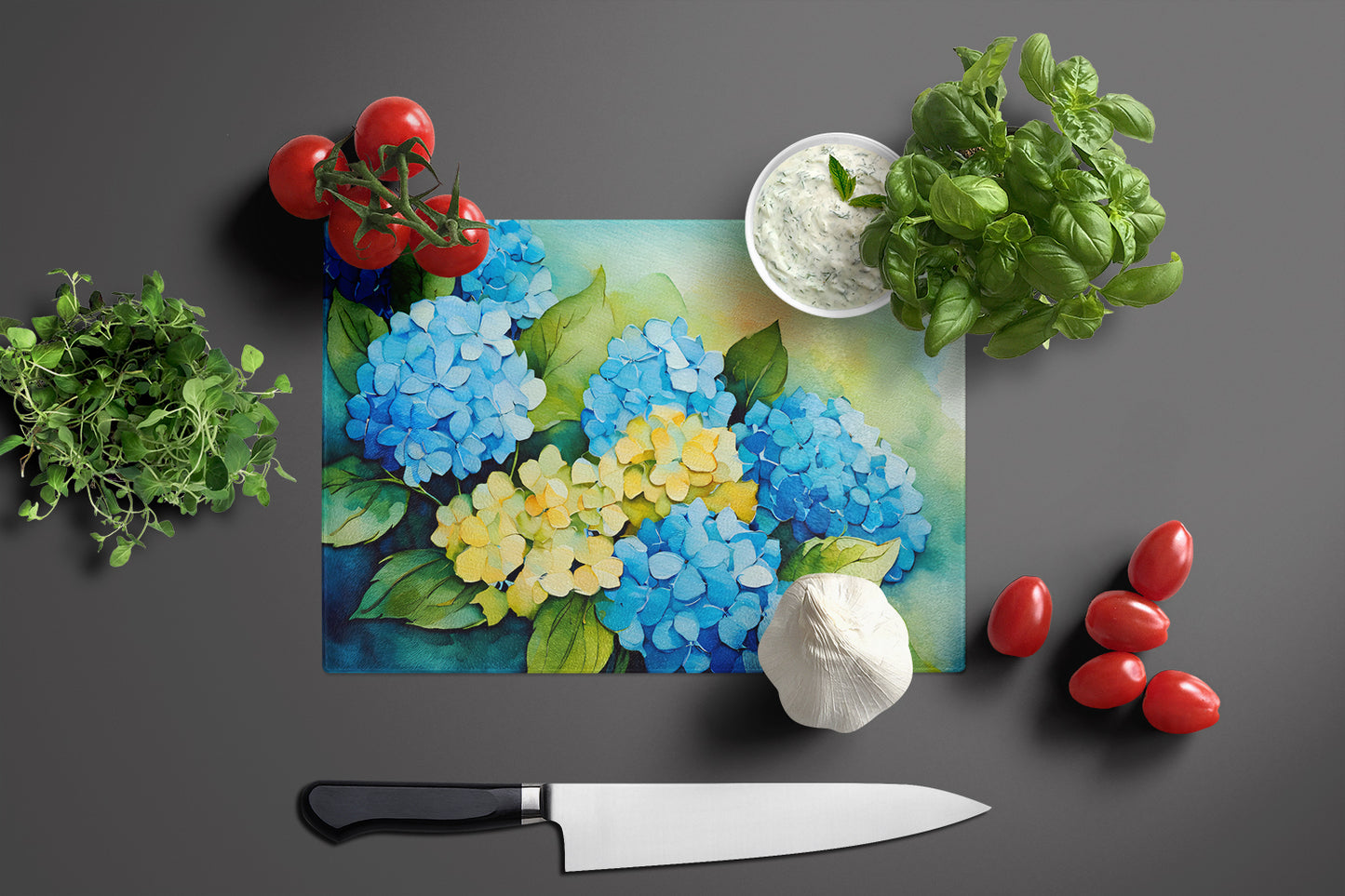 Hydrangeas in Watercolor Glass Cutting Board