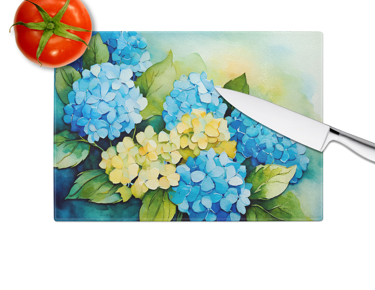 Hydrangeas in Watercolor Glass Cutting Board