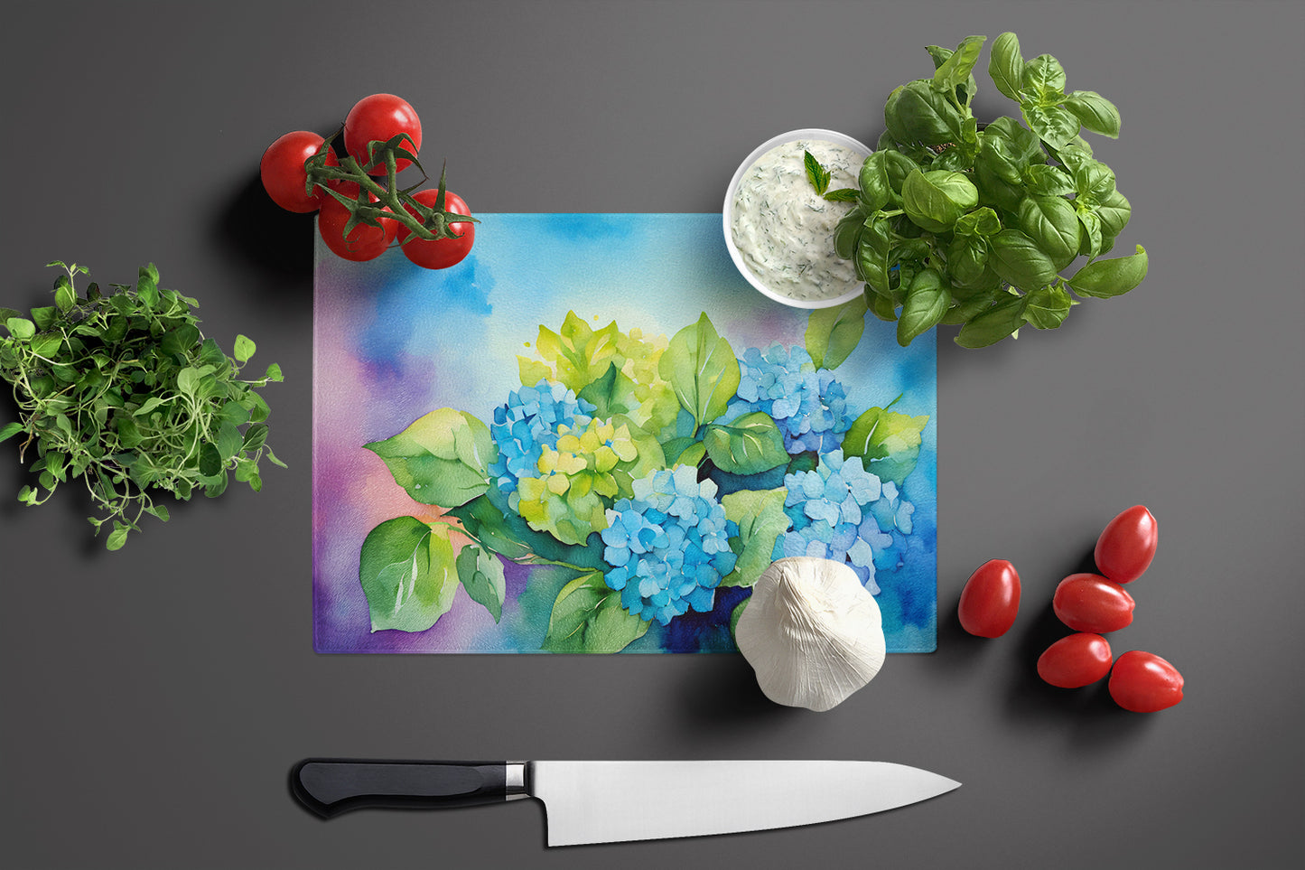 Hydrangeas in Watercolor Glass Cutting Board