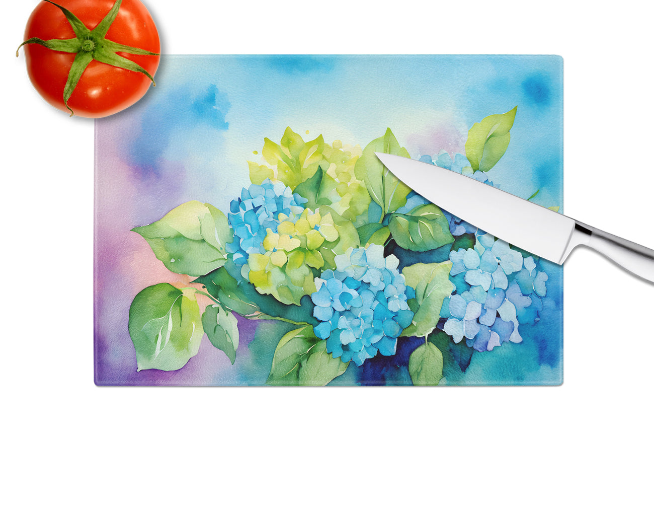 Hydrangeas in Watercolor Glass Cutting Board