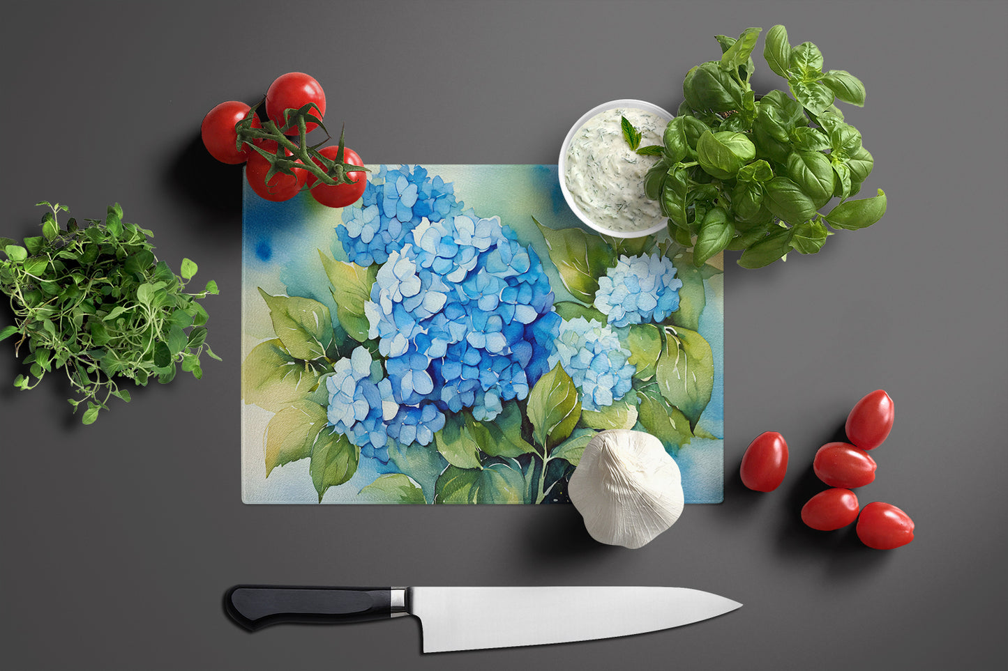 Hydrangeas in Watercolor Glass Cutting Board