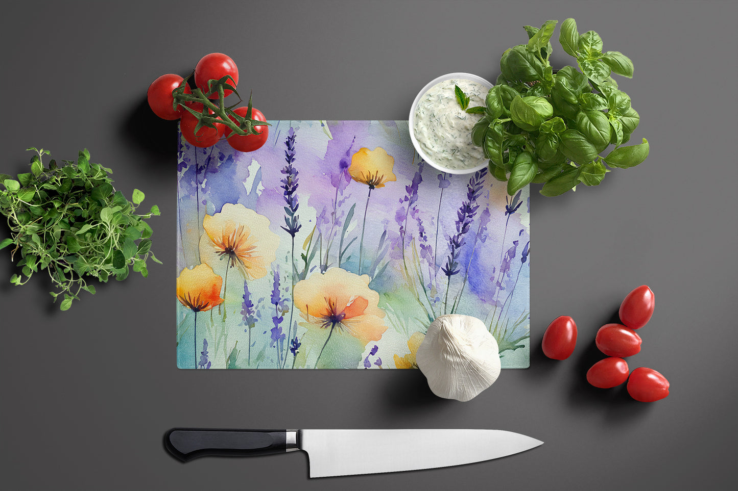 Lavender in Watercolor Glass Cutting Board