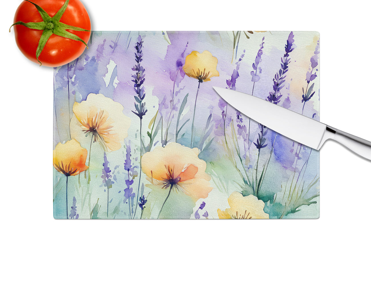 Lavender in Watercolor Glass Cutting Board