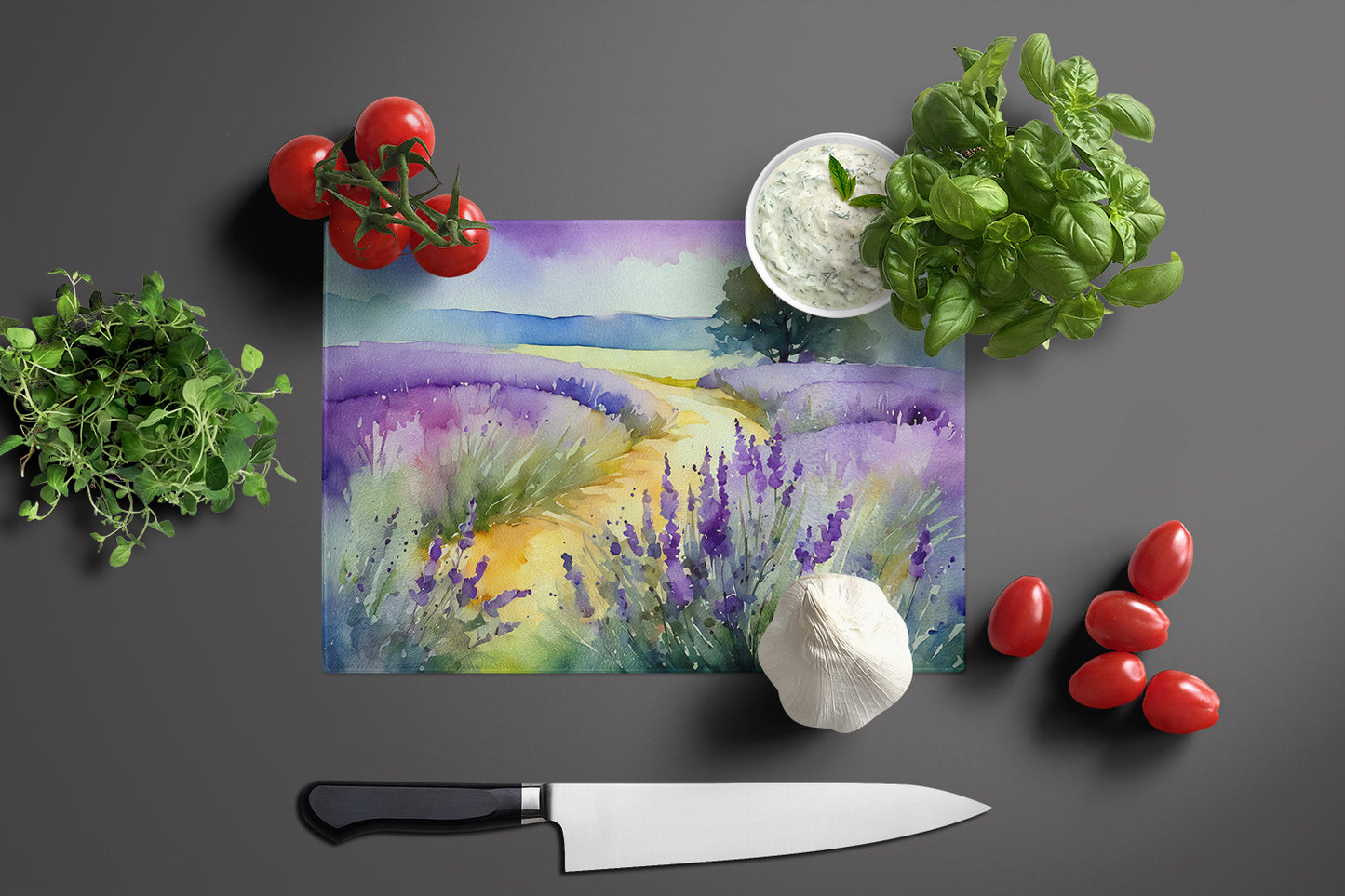 Lavender in Watercolor Glass Cutting Board