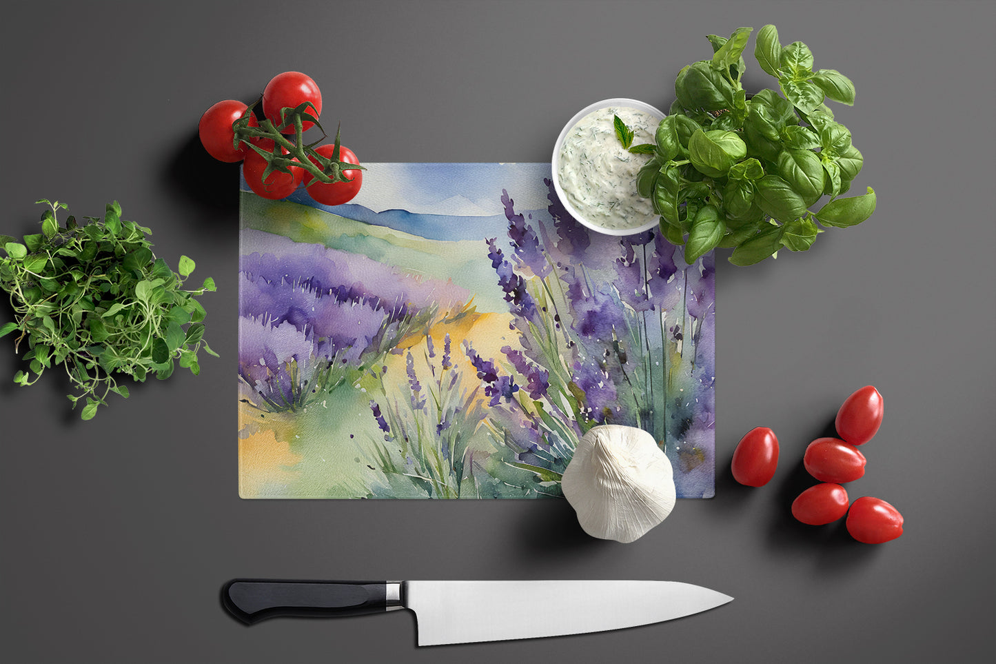 Lavender in Watercolor Glass Cutting Board