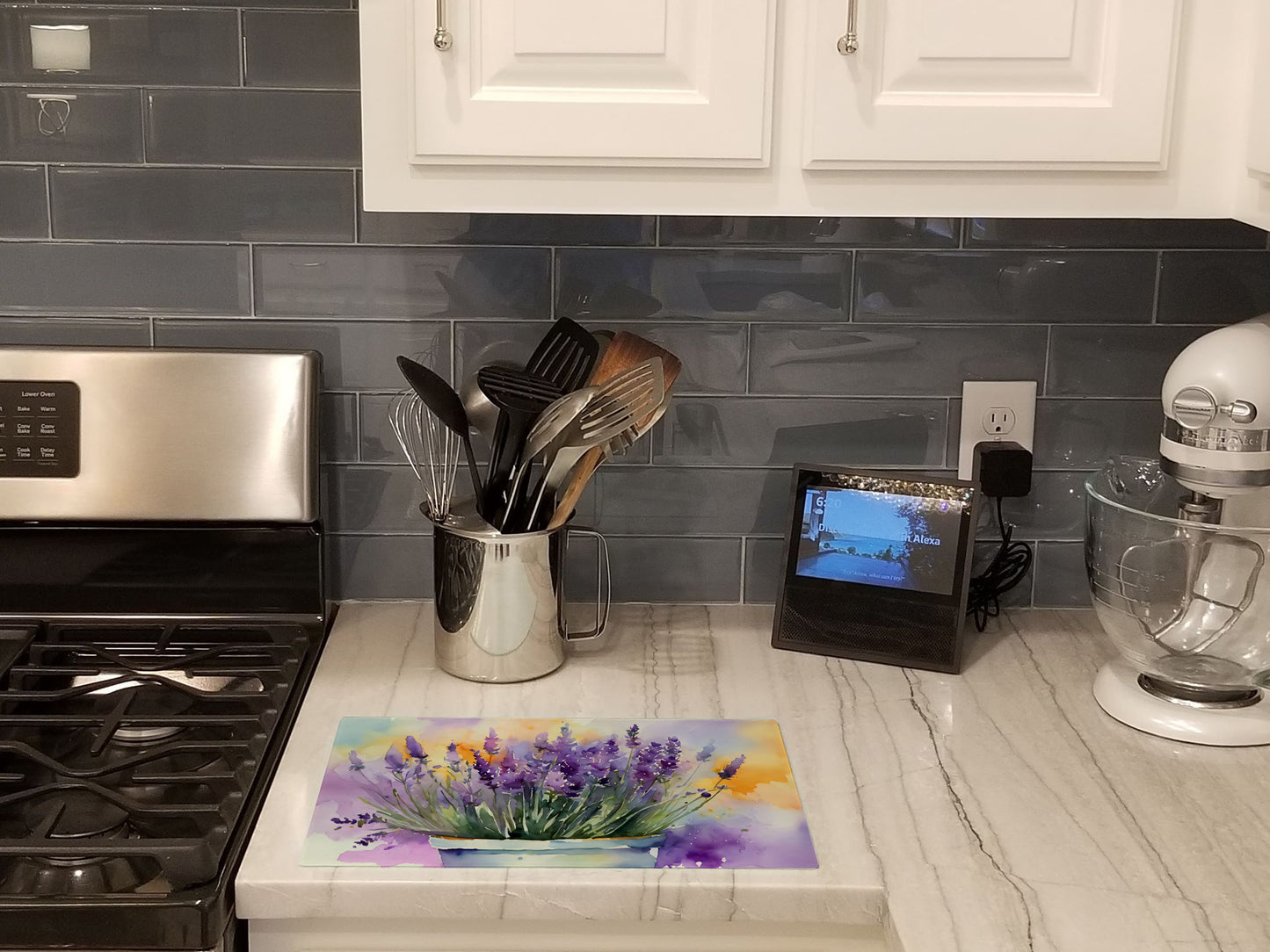 Lavender in Watercolor Glass Cutting Board