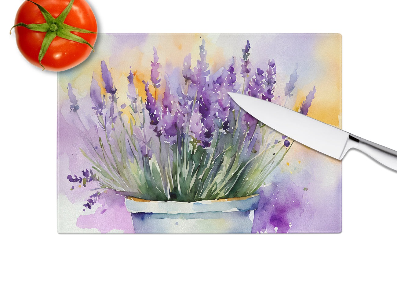 Lavender in Watercolor Glass Cutting Board