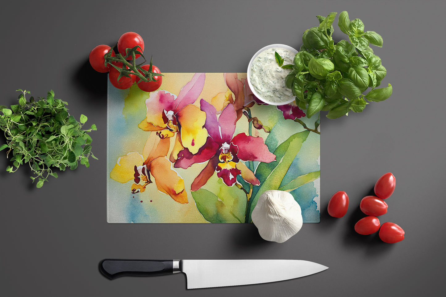 Orchids in Watercolor Glass Cutting Board