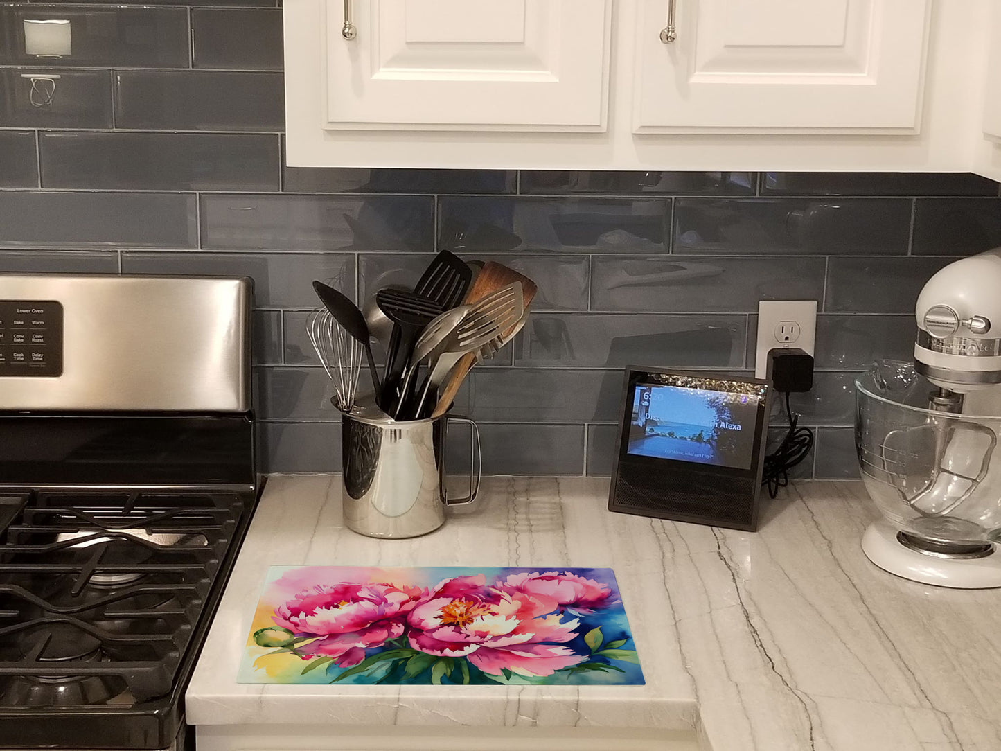 Peonies in Watercolor Glass Cutting Board