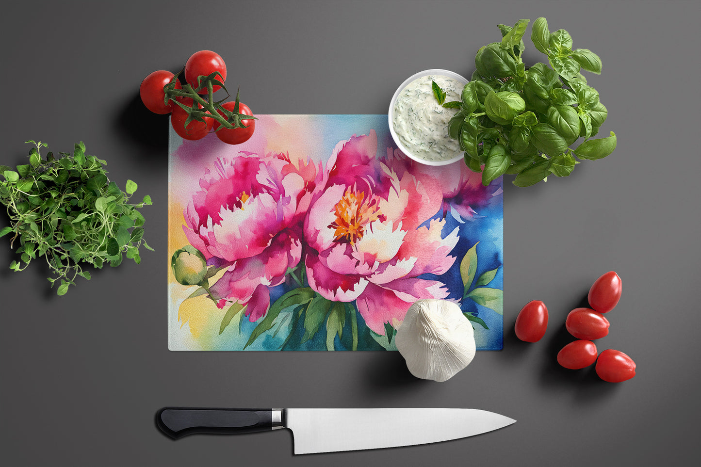 Peonies in Watercolor Glass Cutting Board