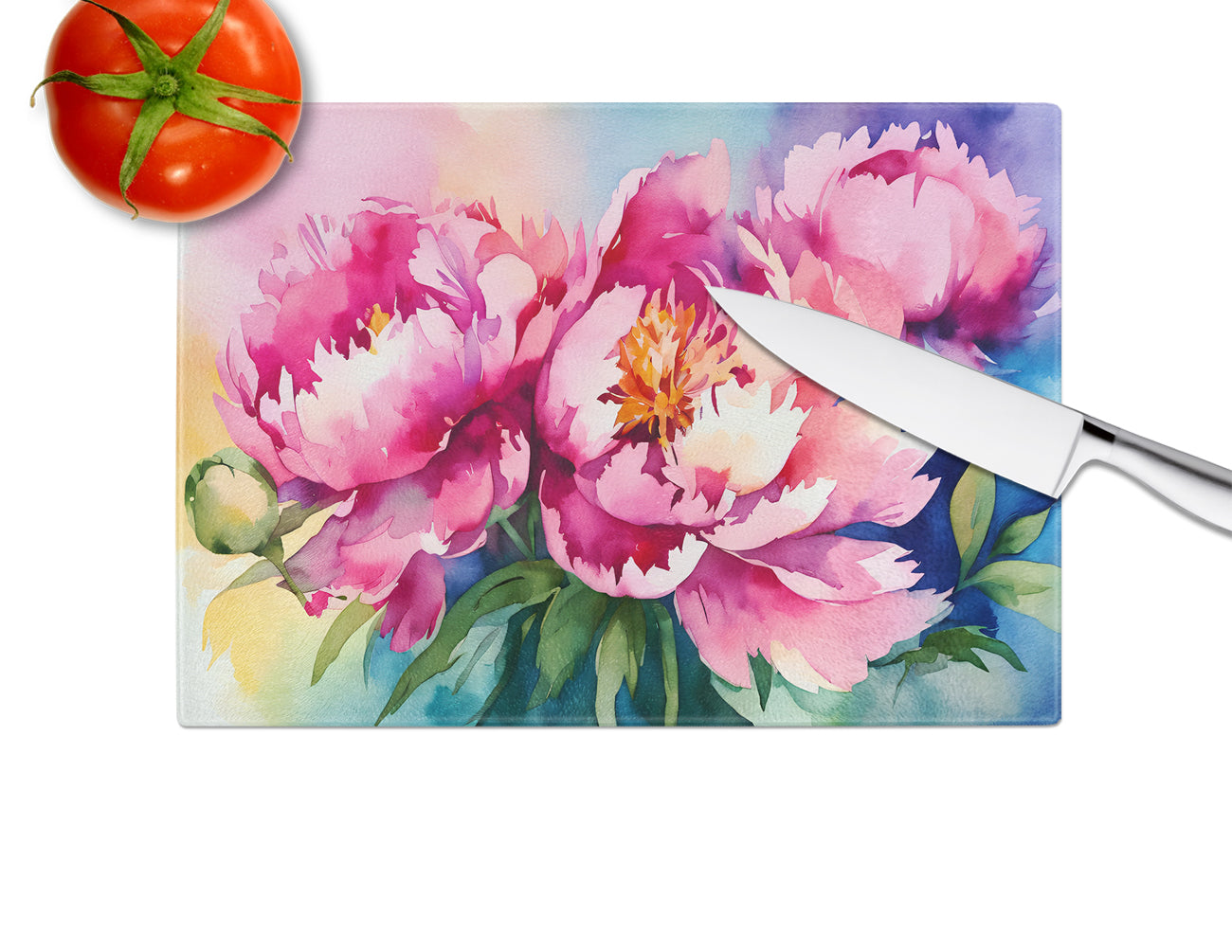 Peonies in Watercolor Glass Cutting Board