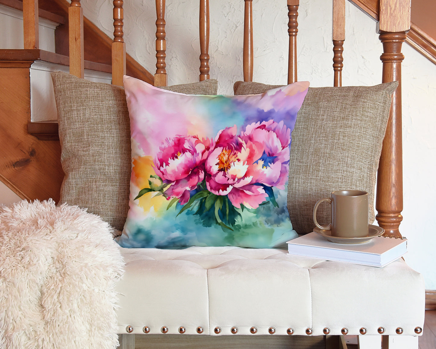 Peonies in Watercolor Throw Pillow