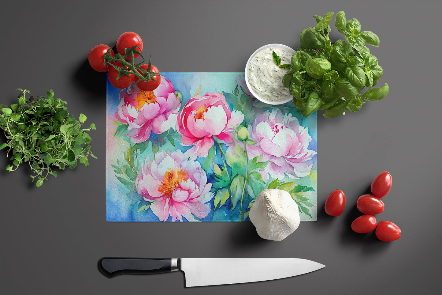 Peonies in Watercolor Glass Cutting Board