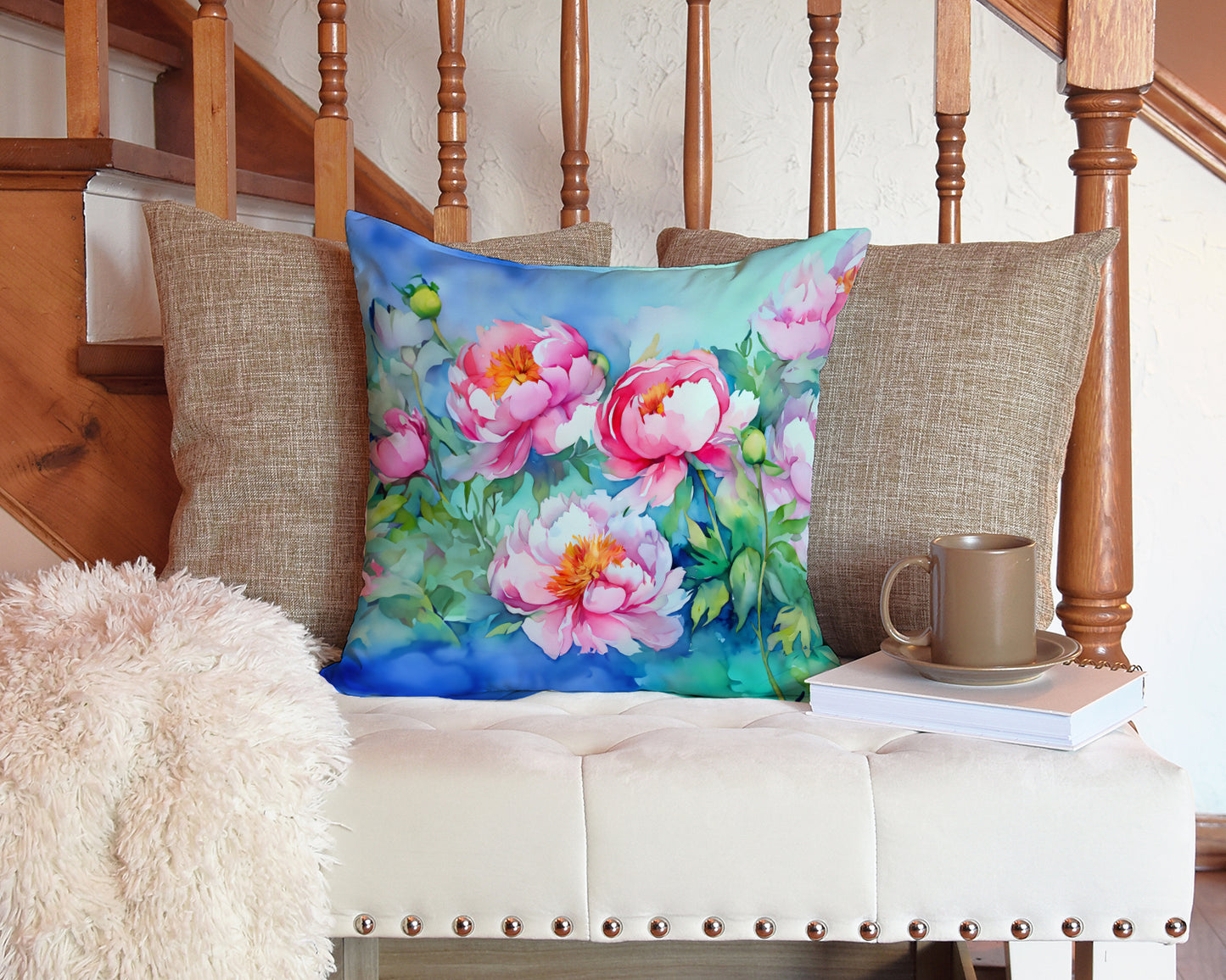 Peonies in Watercolor Throw Pillow