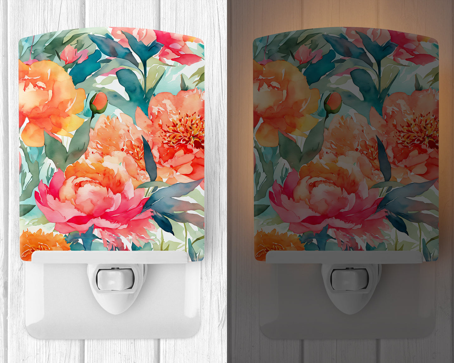 Peonies in Watercolor Ceramic Night Light