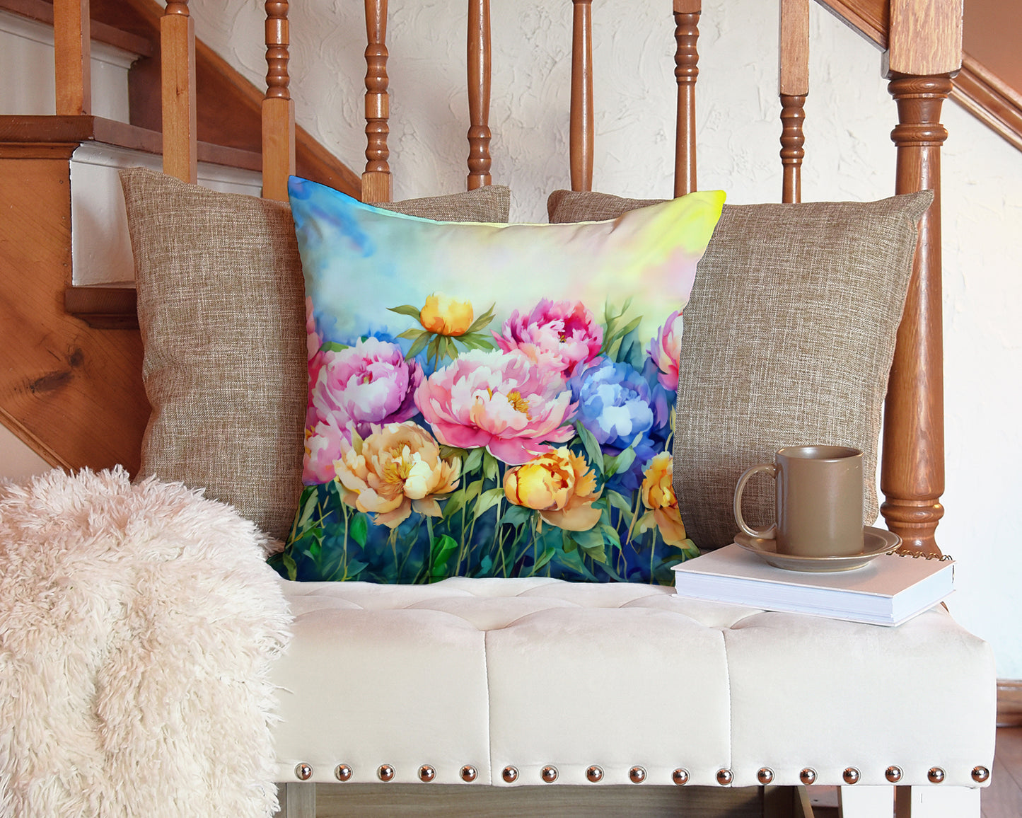 Peonies in Watercolor Throw Pillow