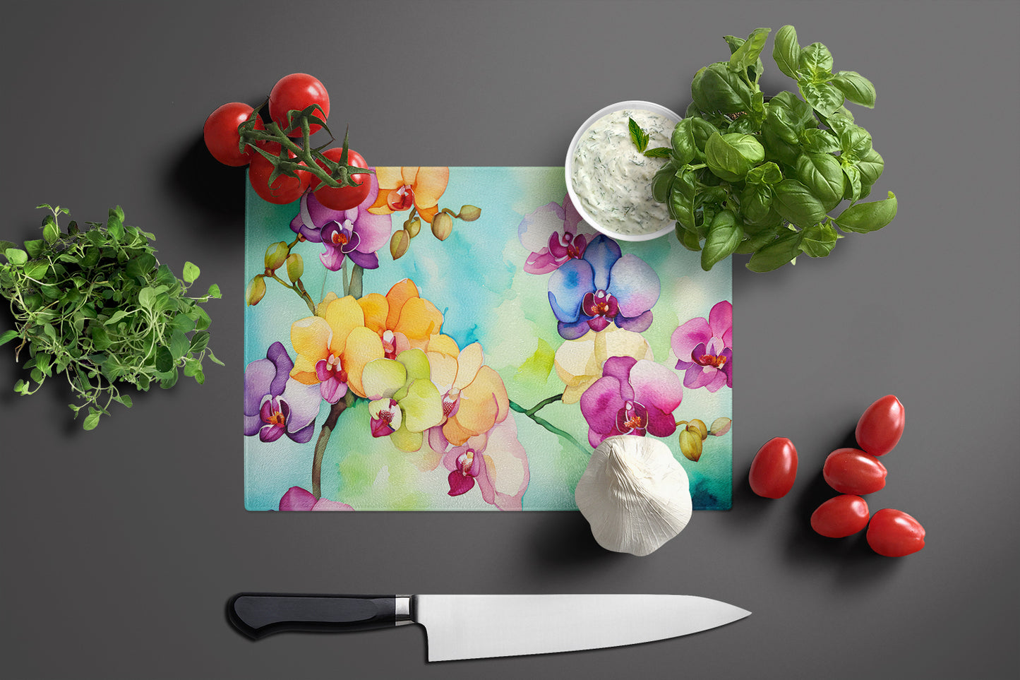 Orchids in Watercolor Glass Cutting Board