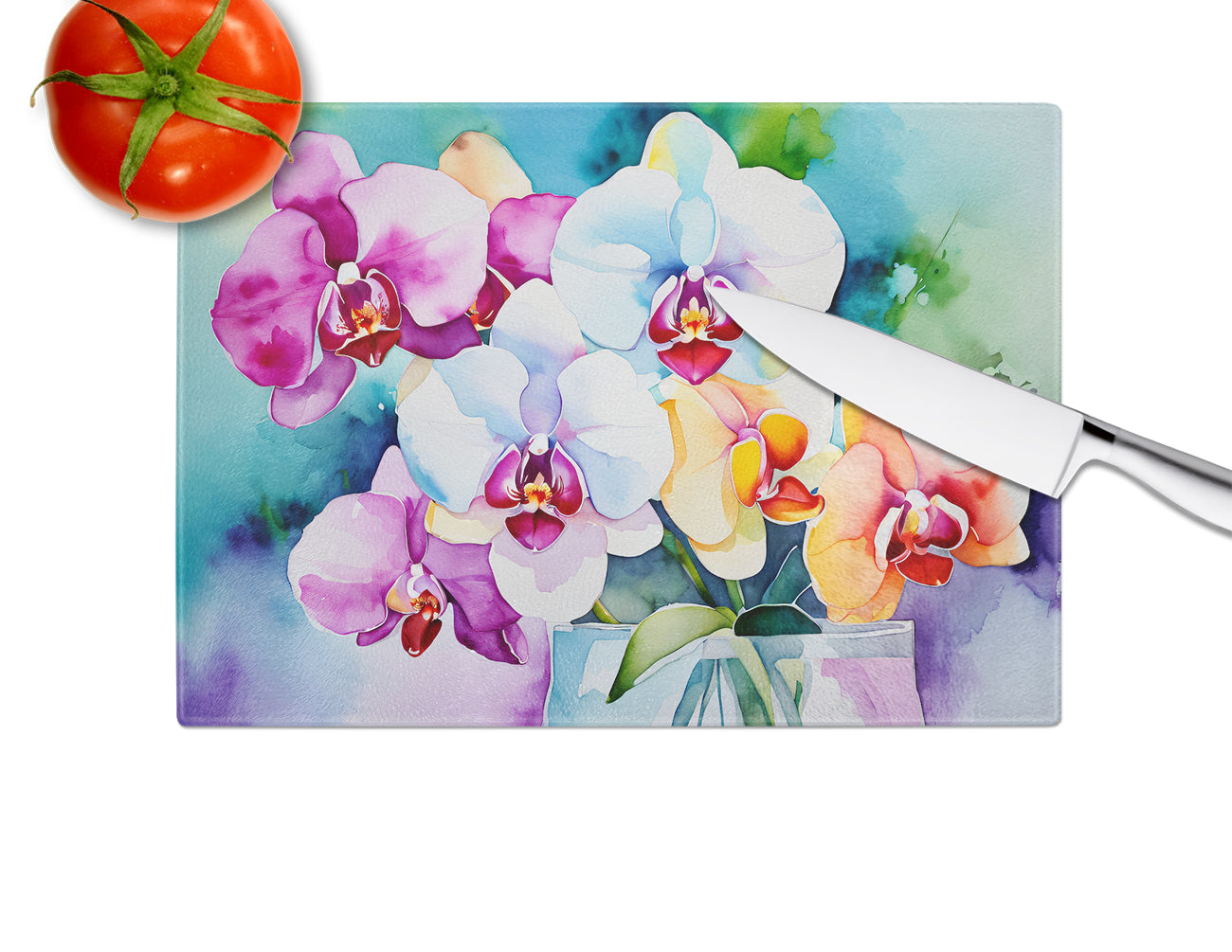 Orchids in Watercolor Glass Cutting Board