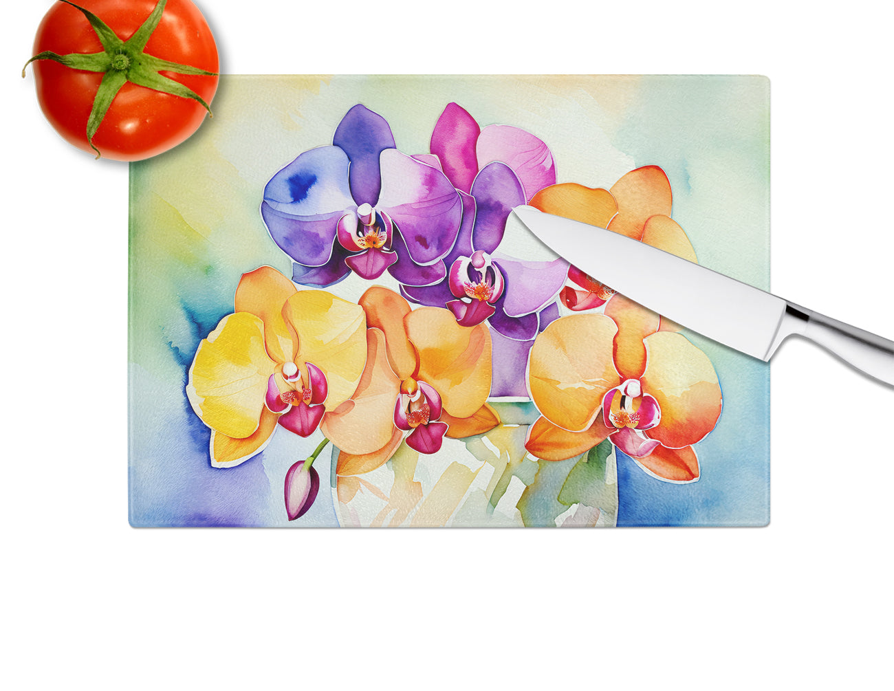 Orchids in Watercolor Glass Cutting Board