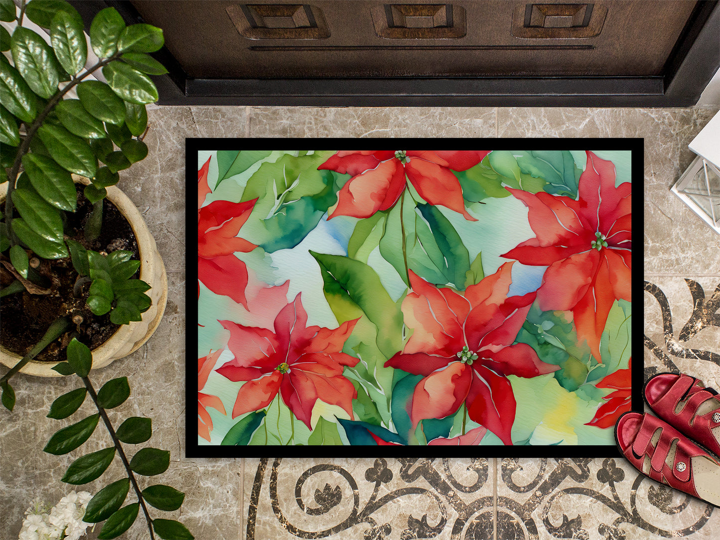 Poinsettias in Watercolor Doormat