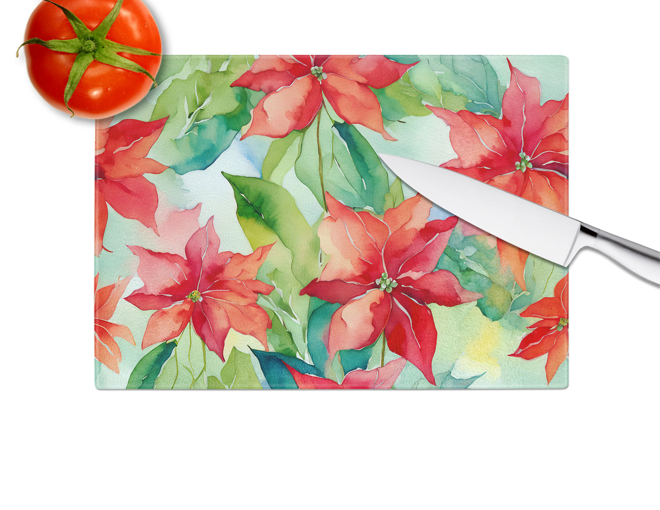 Poinsettias in Watercolor Glass Cutting Board