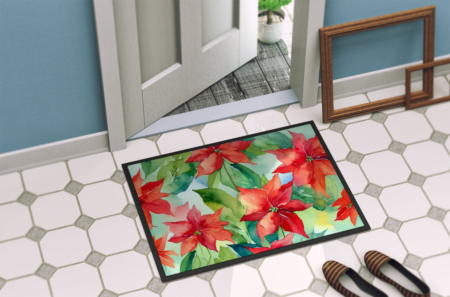 Poinsettias in Watercolor Doormat