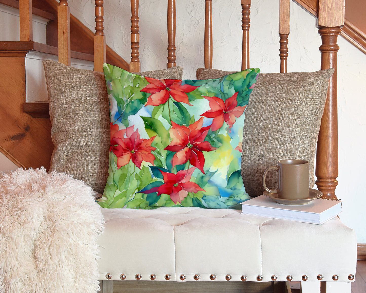 Poinsettias in Watercolor Throw Pillow