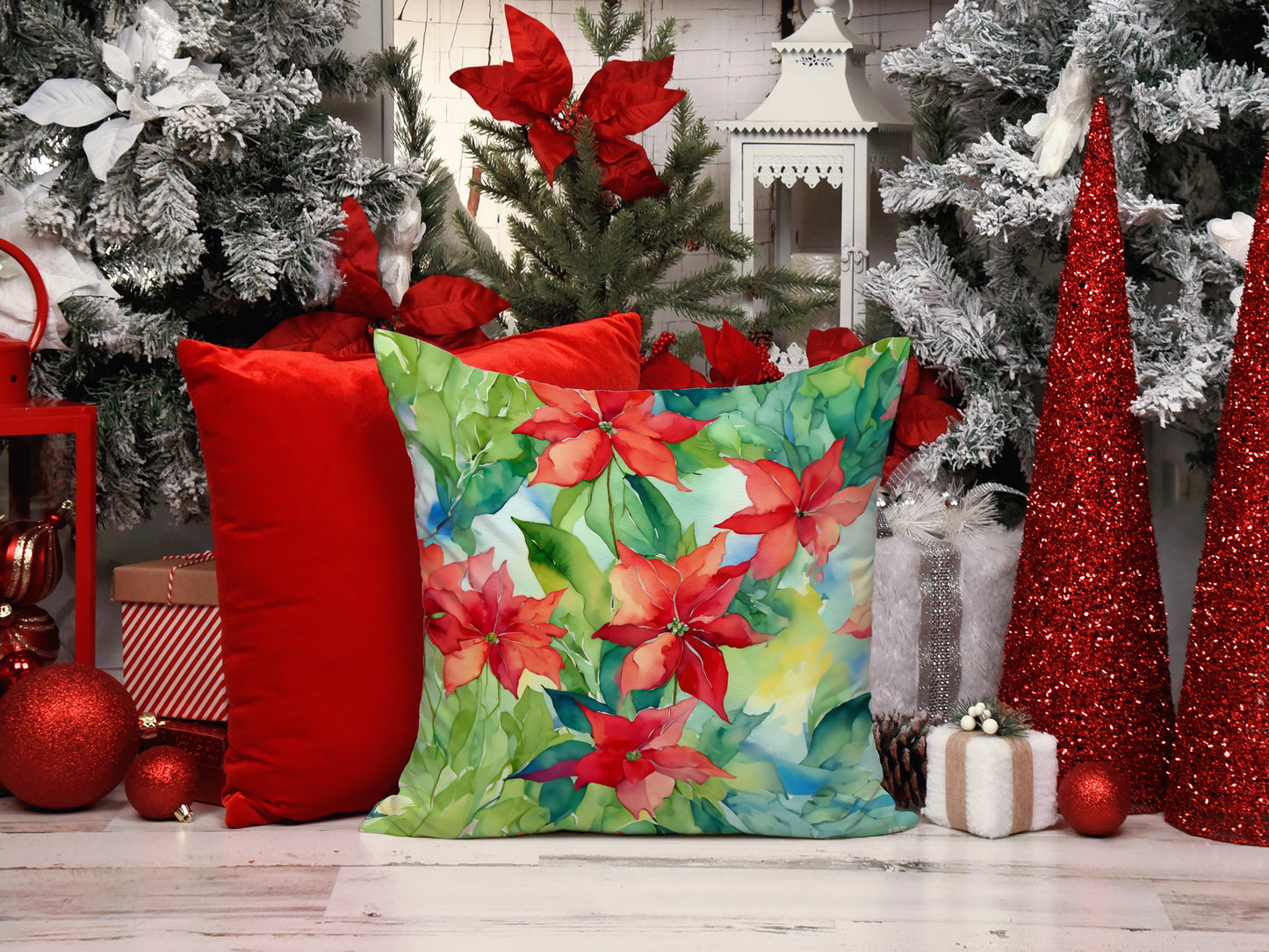 Poinsettias in Watercolor Throw Pillow