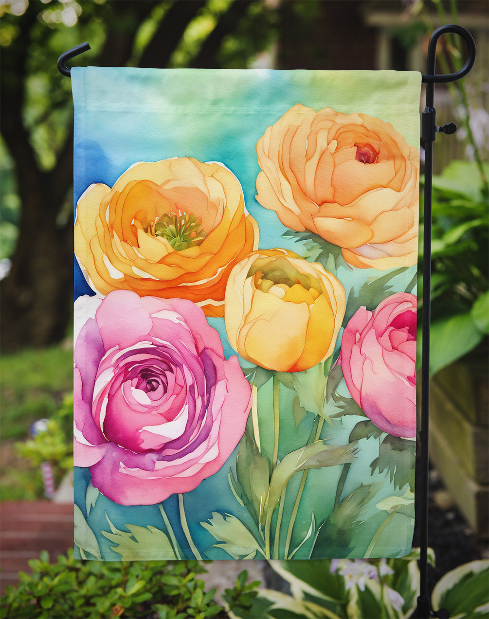 Ranunculus in Watercolor Garden Flag