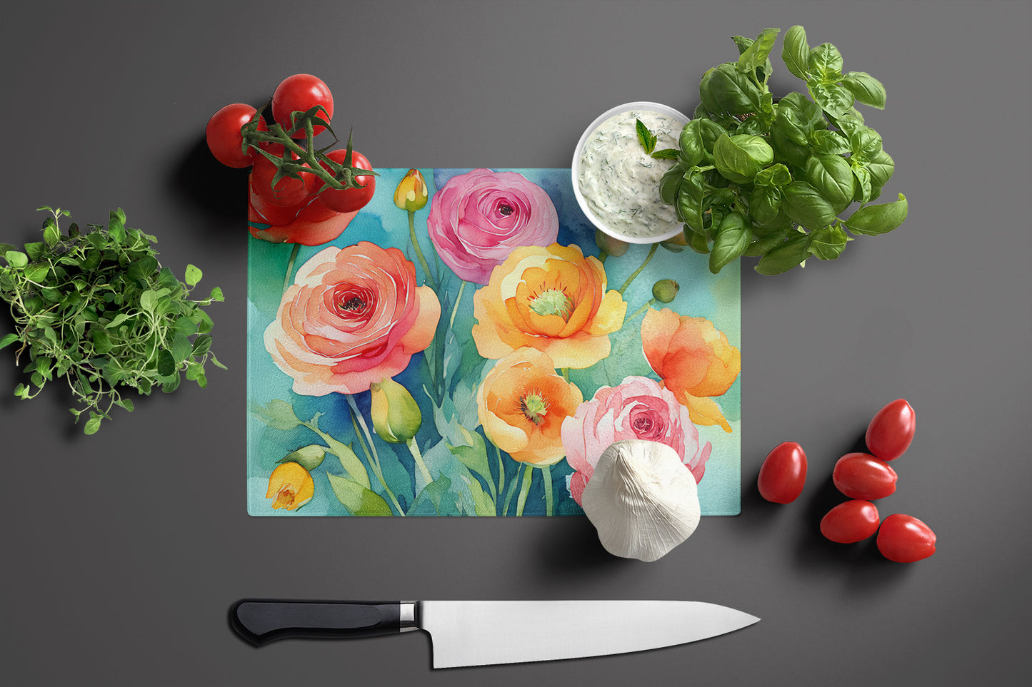 Ranunculus in Watercolor Glass Cutting Board