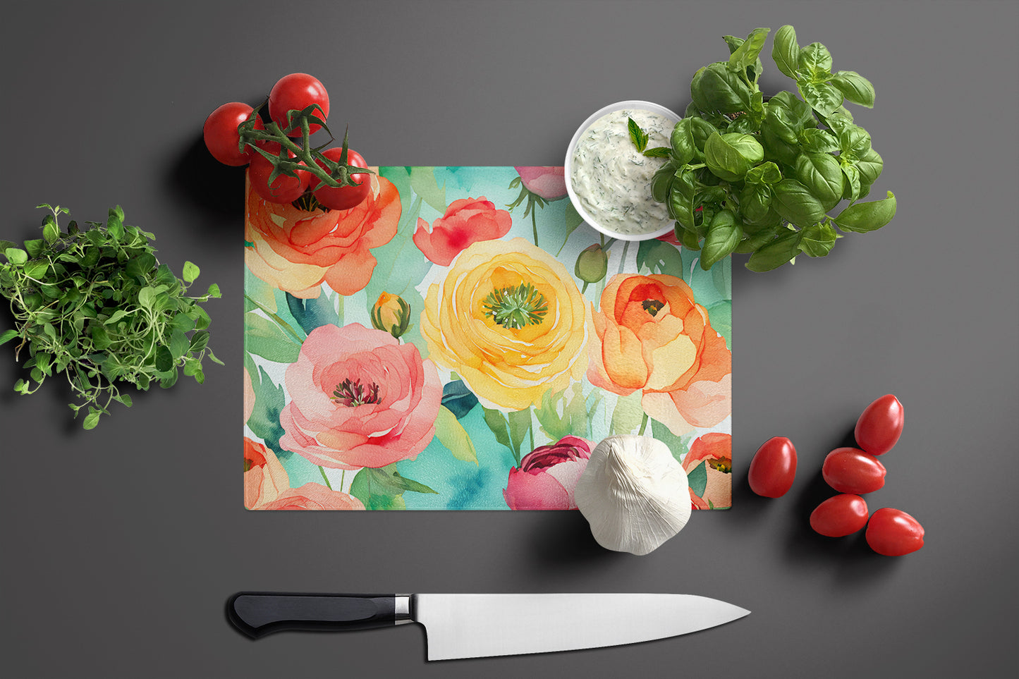 Ranunculus in Watercolor Glass Cutting Board